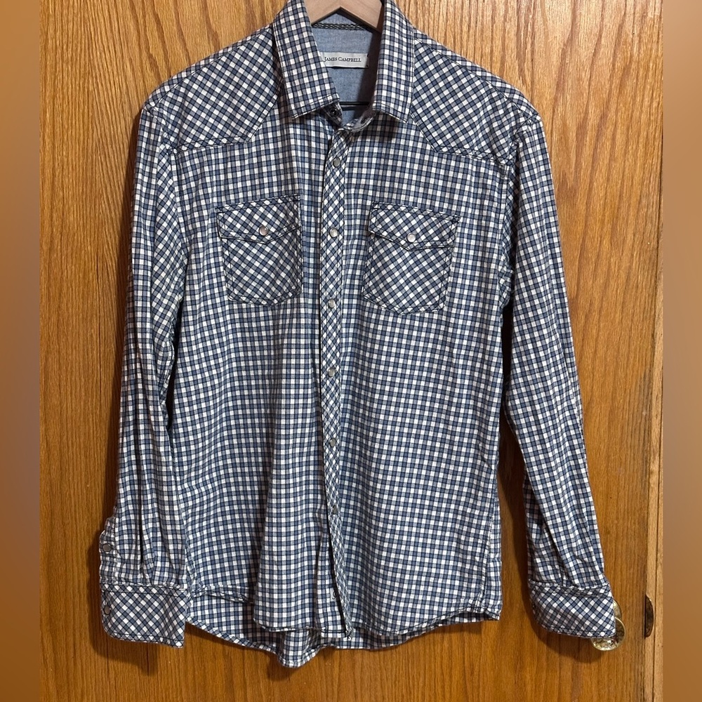 James Campbell 100% cotton western‎ pearl snap men’s large gingham shirt